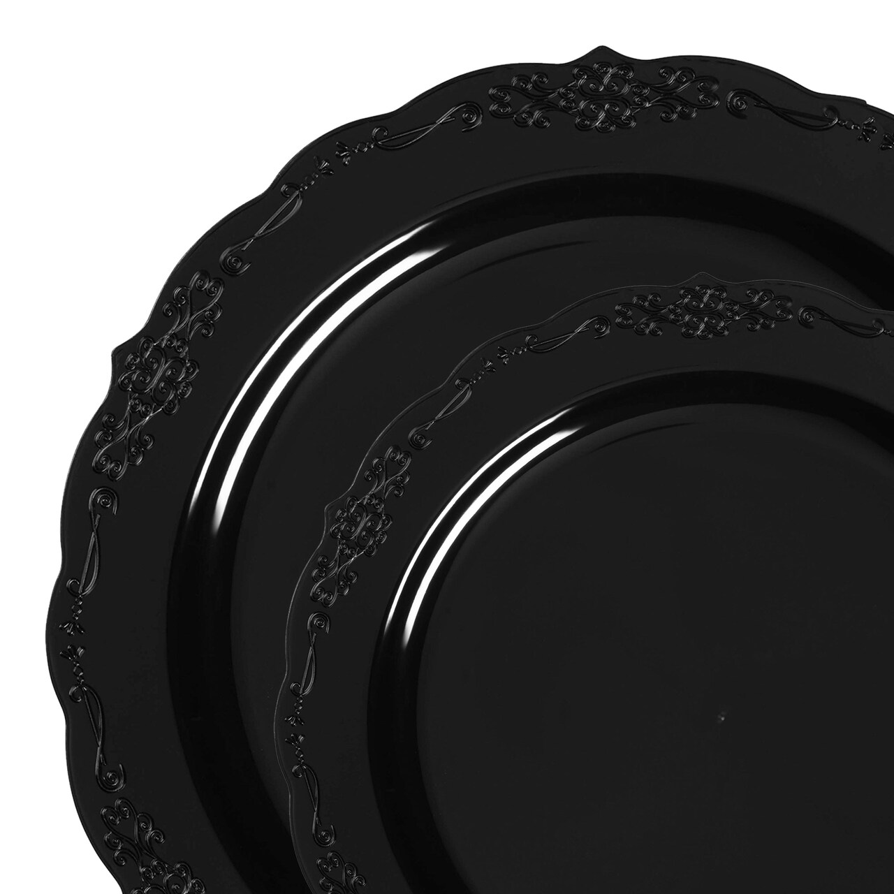 Black Vintage Rim Round Disposable Plastic Dinnerware Value Set (120 Guests)